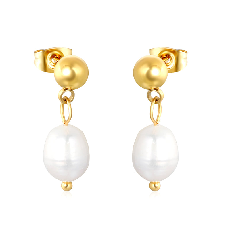 8.4*12mm freshwater pearl pendant+6mm steel earrings gold color