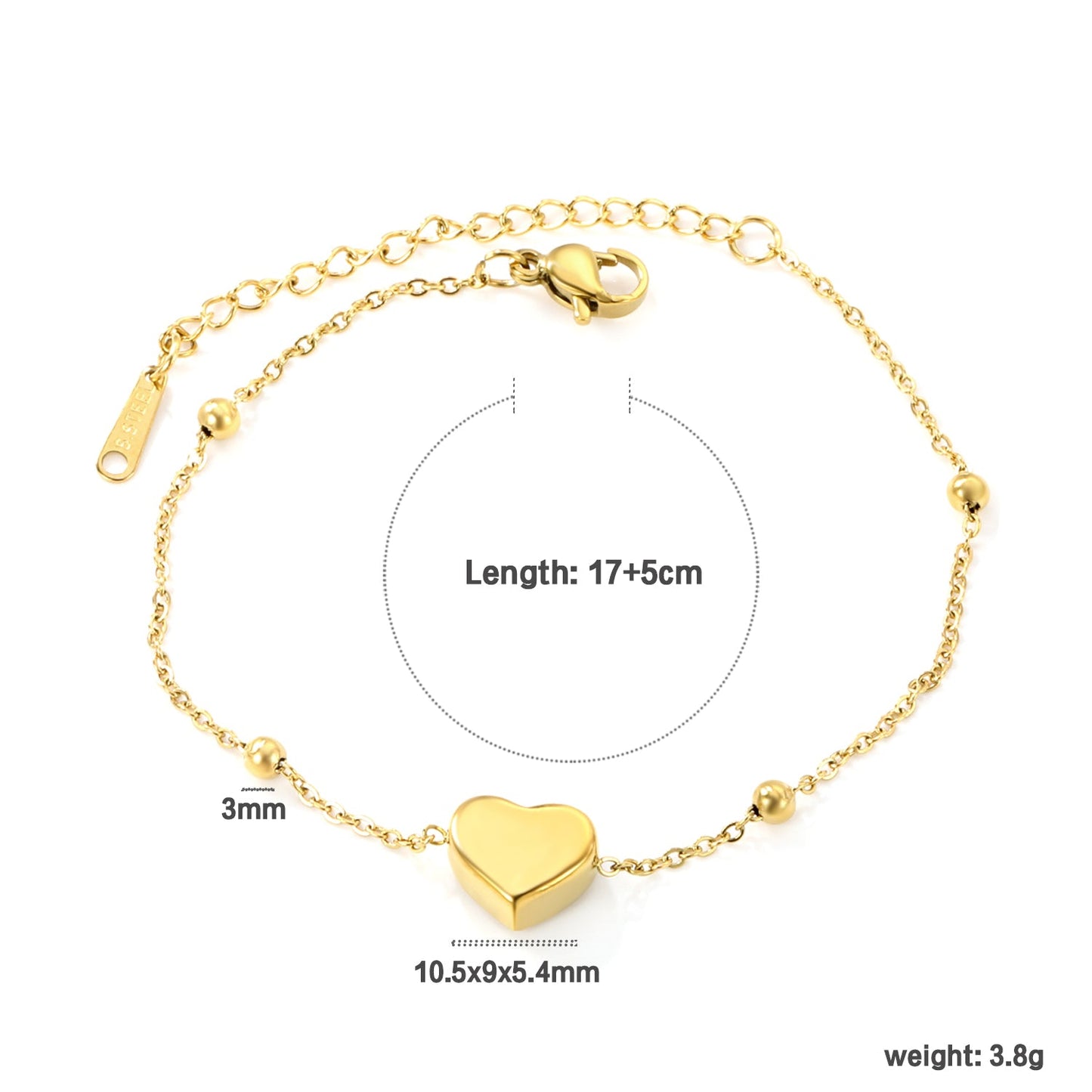 10.5*9*5.4mm three-dimensional heart + 3mm*4 steel beads bracelet 17+5cm asonjewelry