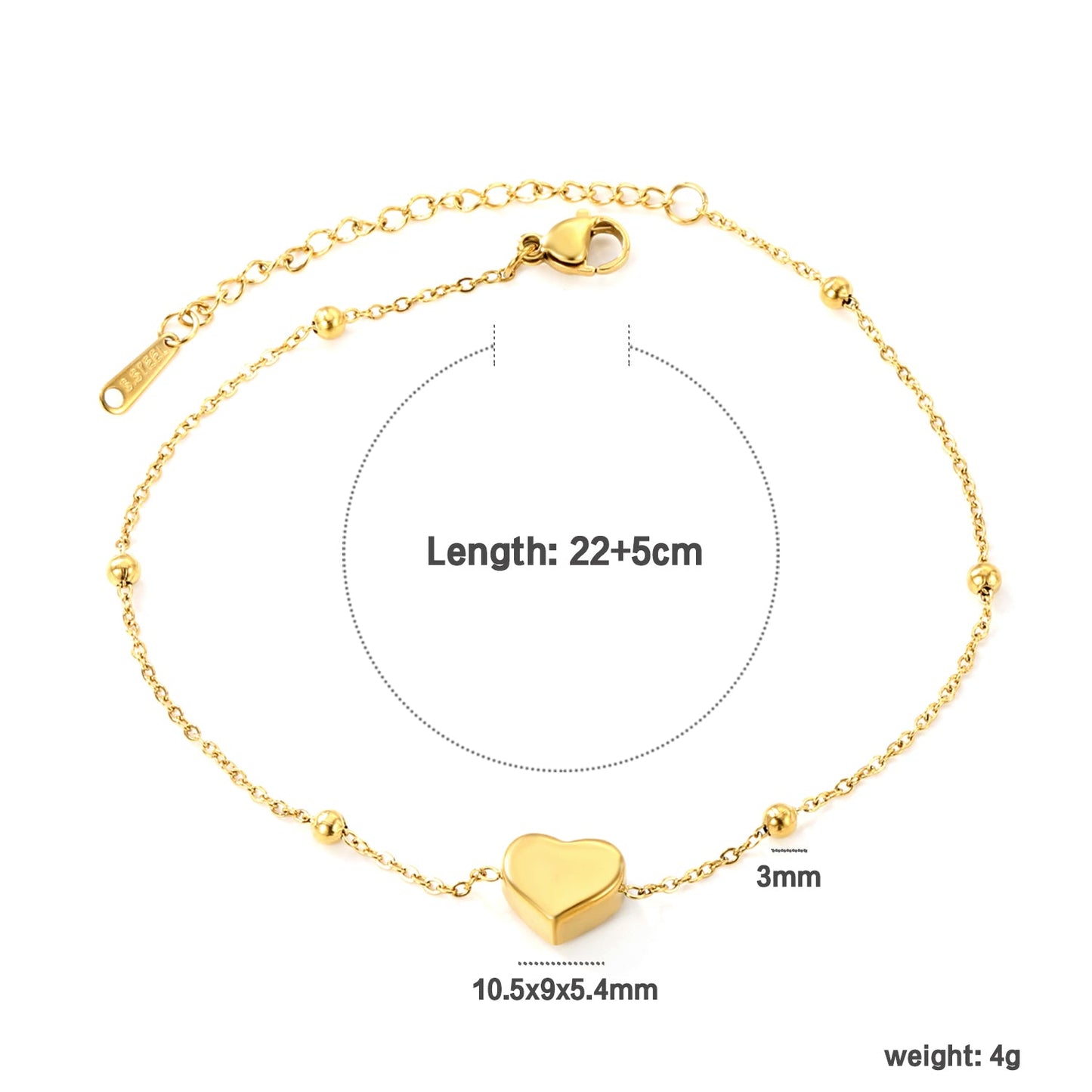 3mm*6 steel beads+10.5*9*5.4mm*1 three-dimensional heart anklet 1.3mm*22+5cm asonjewelry