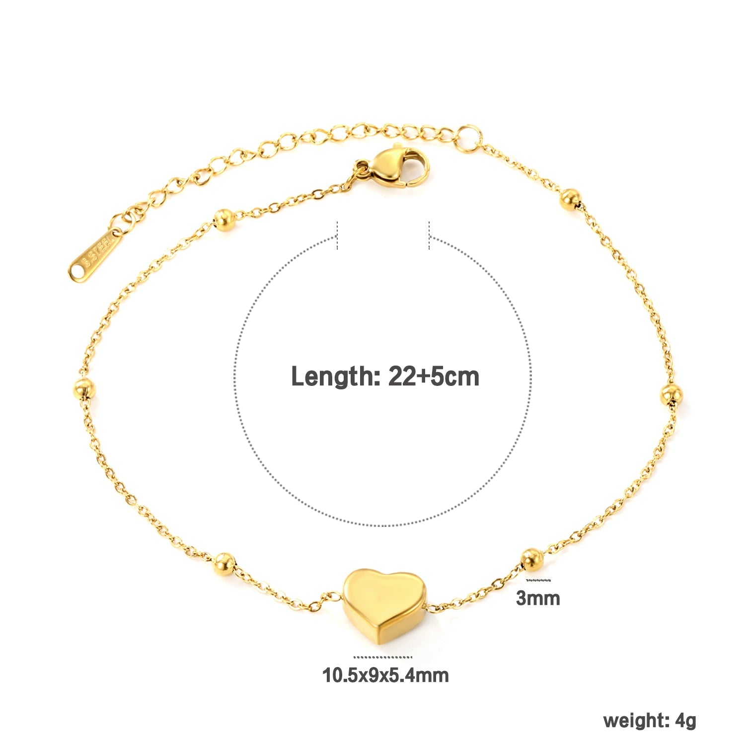 3mm*6 steel beads+10.5*9*5.4mm*1 three-dimensional heart anklet 1.3mm*22+5cm asonjewelry