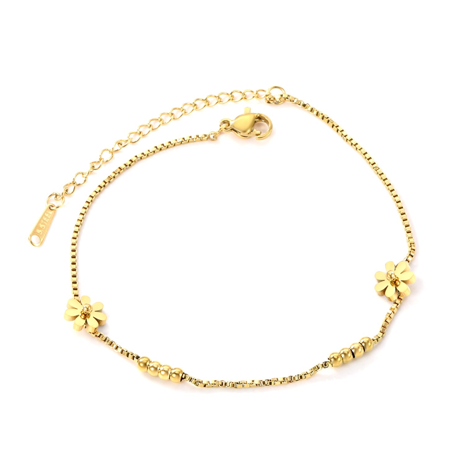 3mm*8 steel beads+7.8mm*2 seven petal flowers anklet 1.2mm*20+5cm asonjewelry