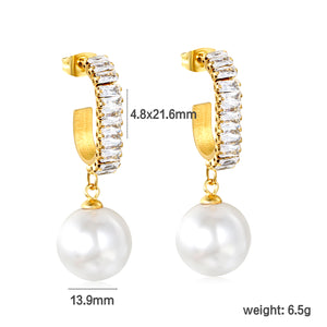 13.9mm imitation pearl pendant + 4.8*21.6mm C-shaped with white diamonds circle Earrings Golden