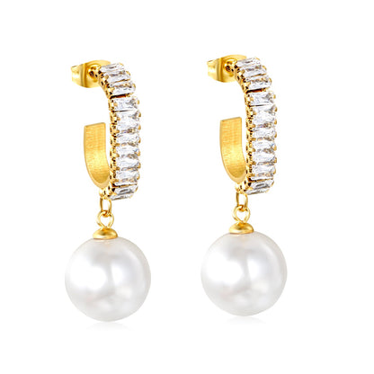 13.9mm imitation pearl pendant + 4.8*21.6mm C-shaped with white diamonds circle Earrings Golden asonjewelry