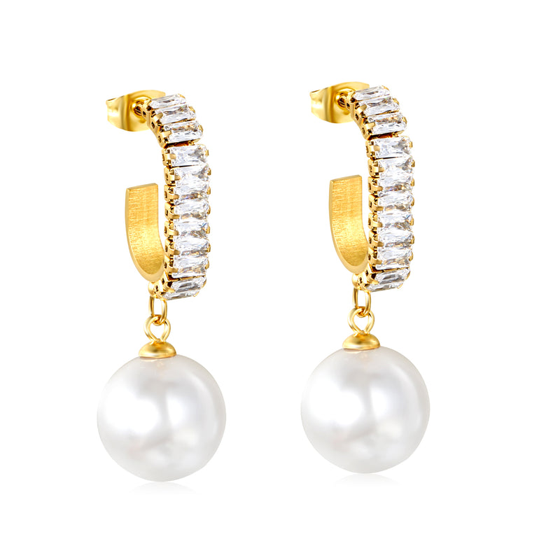 13.9mm imitation pearl pendant + 4.8*21.6mm C-shaped with white diamonds circle Earrings Golden