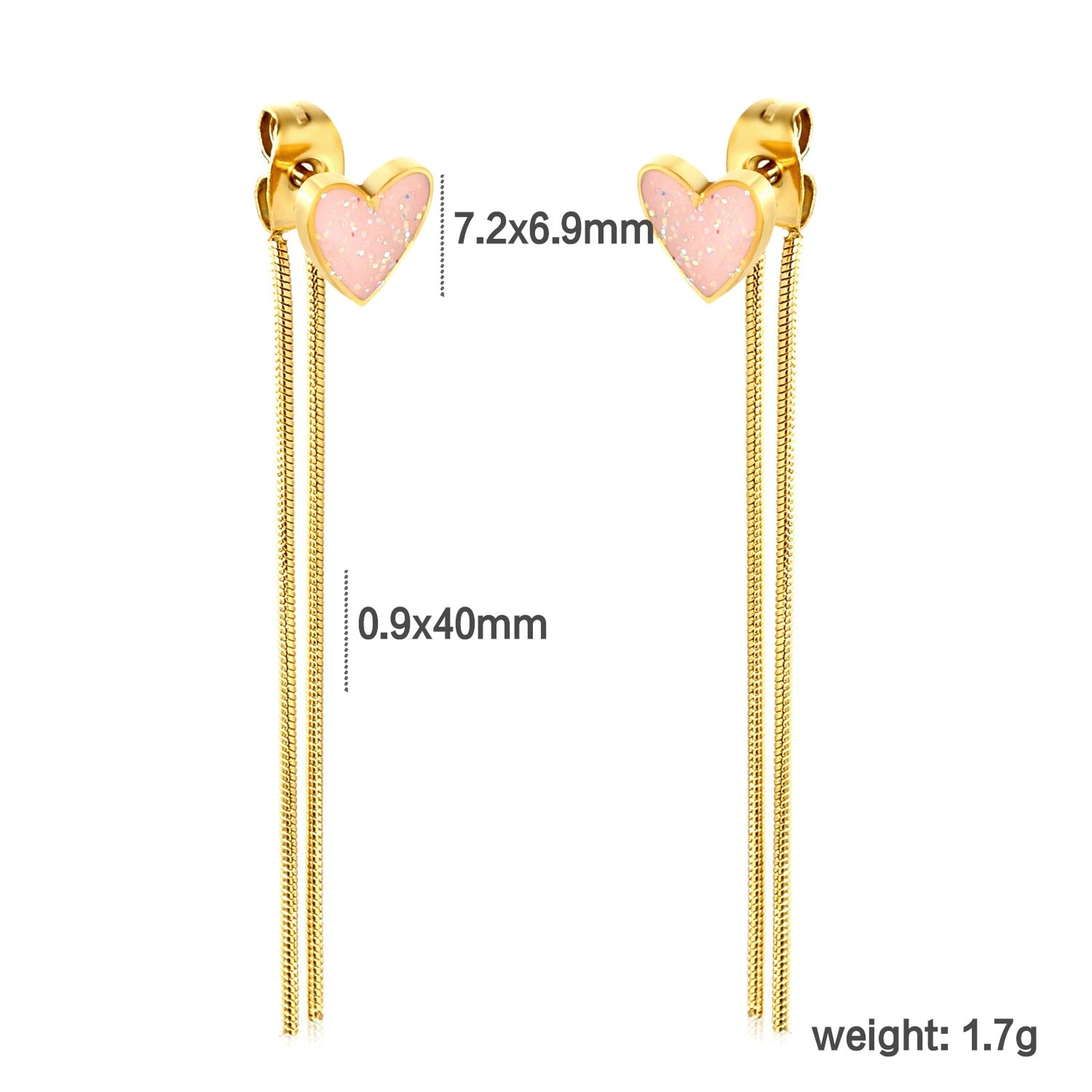 7.2*6.9mm Pink Drops Peach Heart + 0.9*40mm Round Snake Chain Tassel Earrings Gold asonjewelry