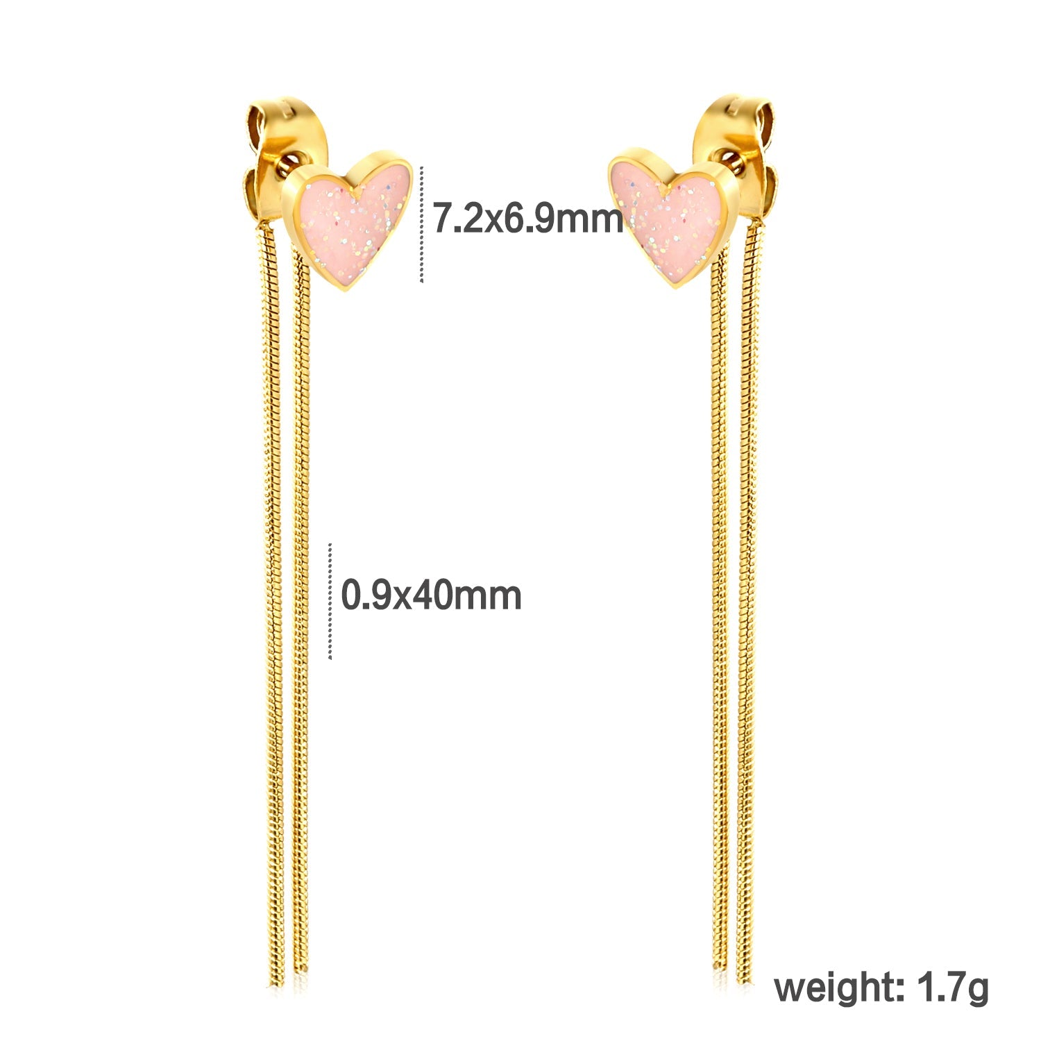 7.2*6.9mm Pink Drops Peach Heart + 0.9*40mm Round Snake Chain Tassel Earrings Gold asonjewelry