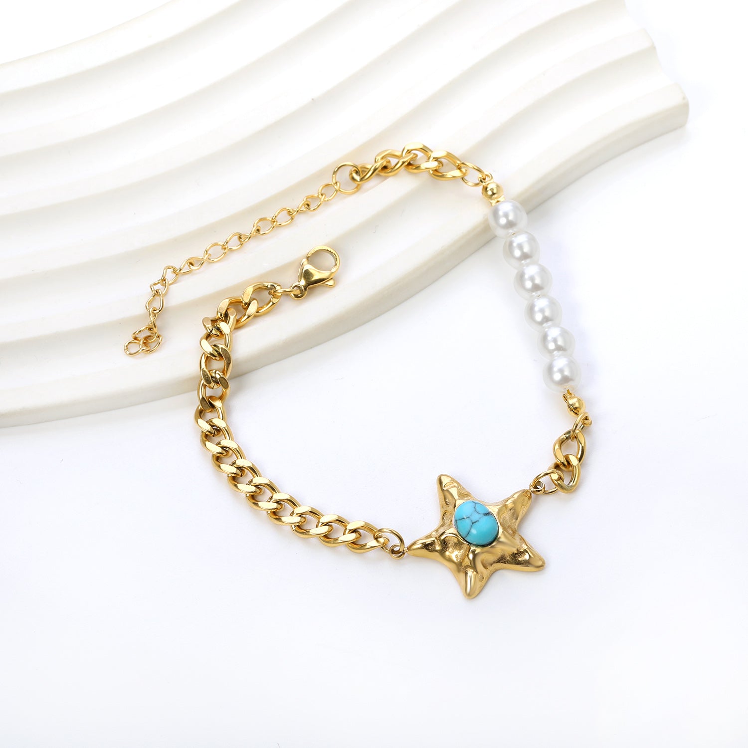 Starfish with Oval Blue Turquoise 21.7mm + 6 White Pearls 6mm Bracelet 18+5cm asonjewelry