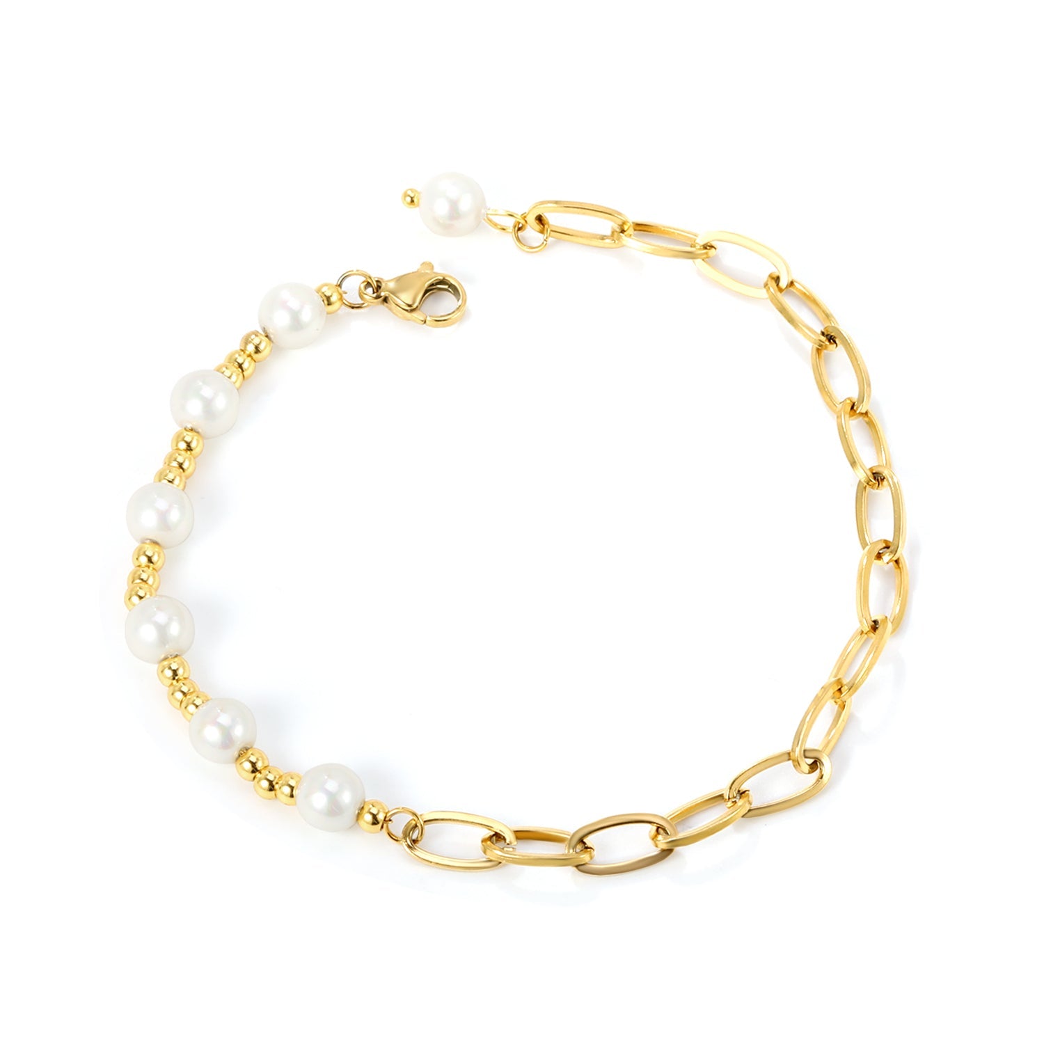 3mm*17pcs steel beads+6mm*7pcs white pearls+12cm cross matching chain bracelet 22cm asonjewelry