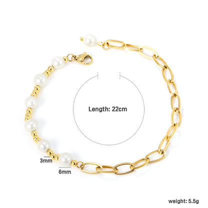 3mm*17pcs steel beads+6mm*7pcs white pearls+12cm cross matching chain bracelet 22cm asonjewelry
