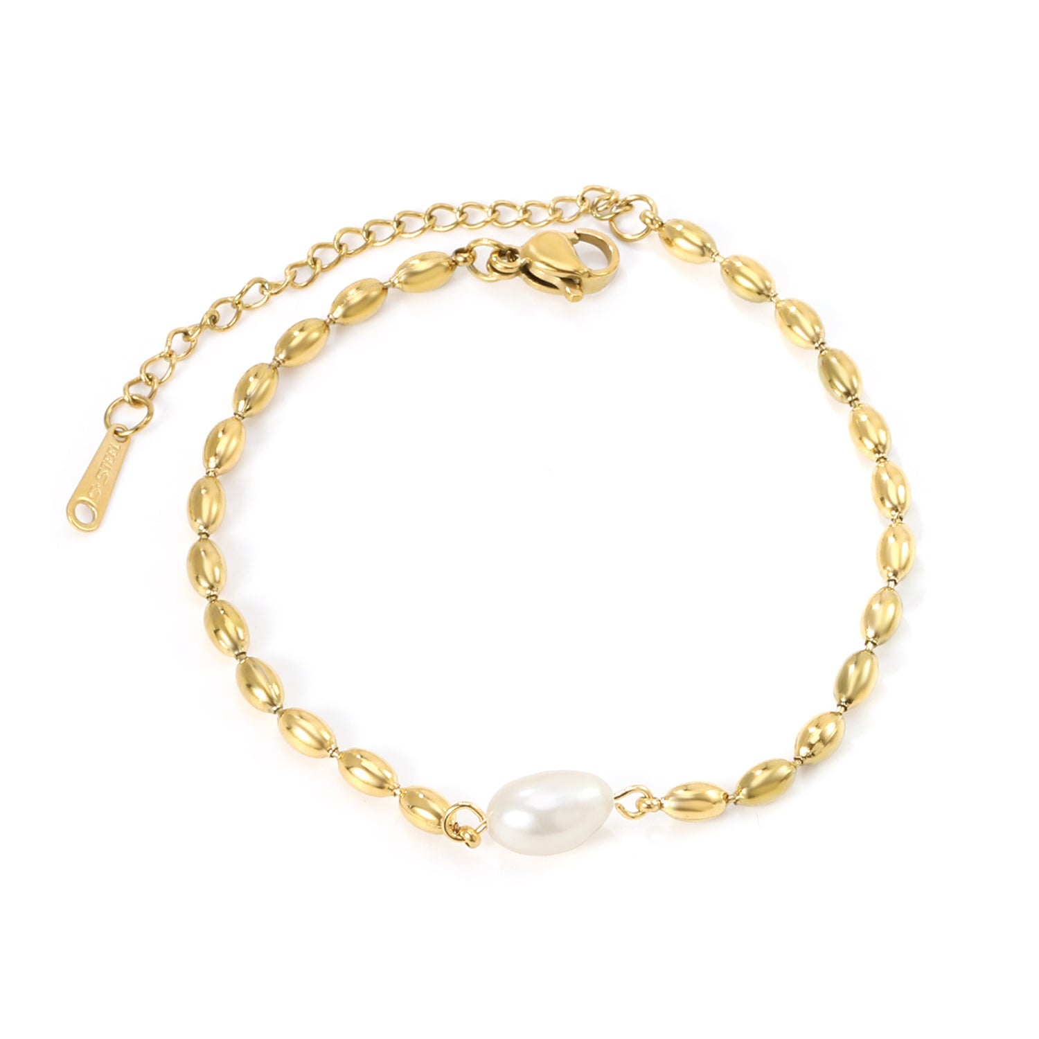 Wheat Bead Chain with 1 6*9mm Oval White Pearl Bracelet 17+5cm asonjewelry