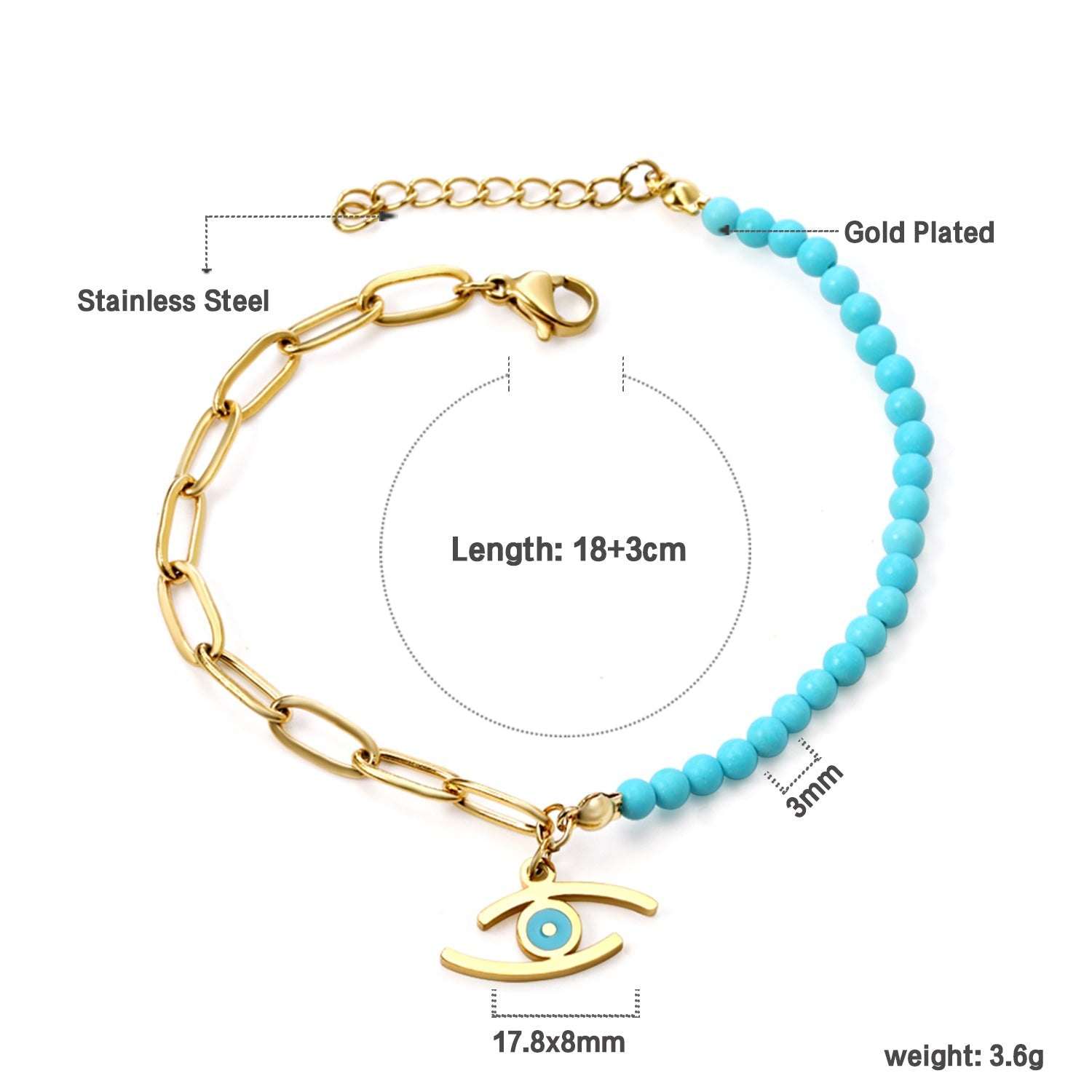 Lake blue eye pendant 17.8*8mm+blue beads+matching chain bracelet 18+3cm asonjewelry