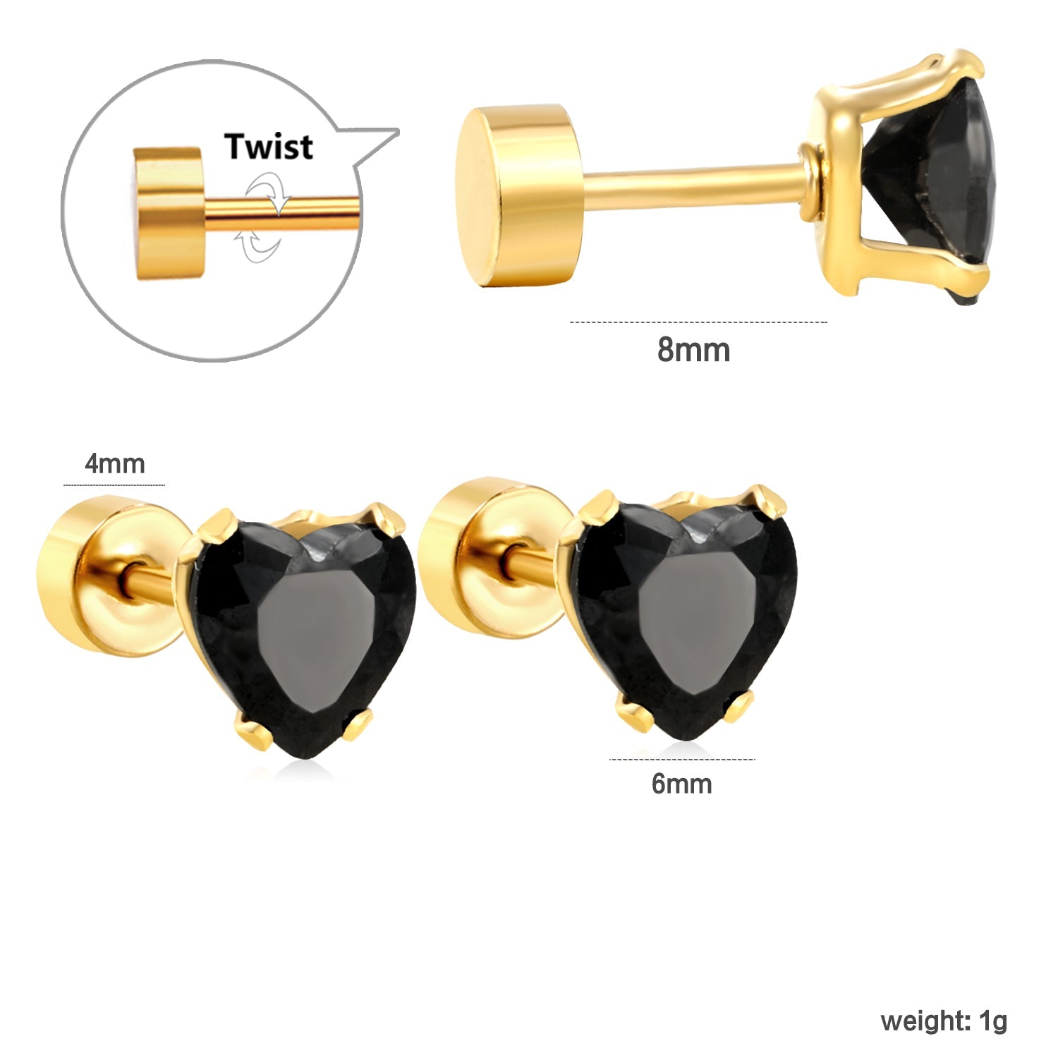 12 pair 6mm Steel/Gold Heart White/Black/Blue CZ Screw Plugs asonjewelry