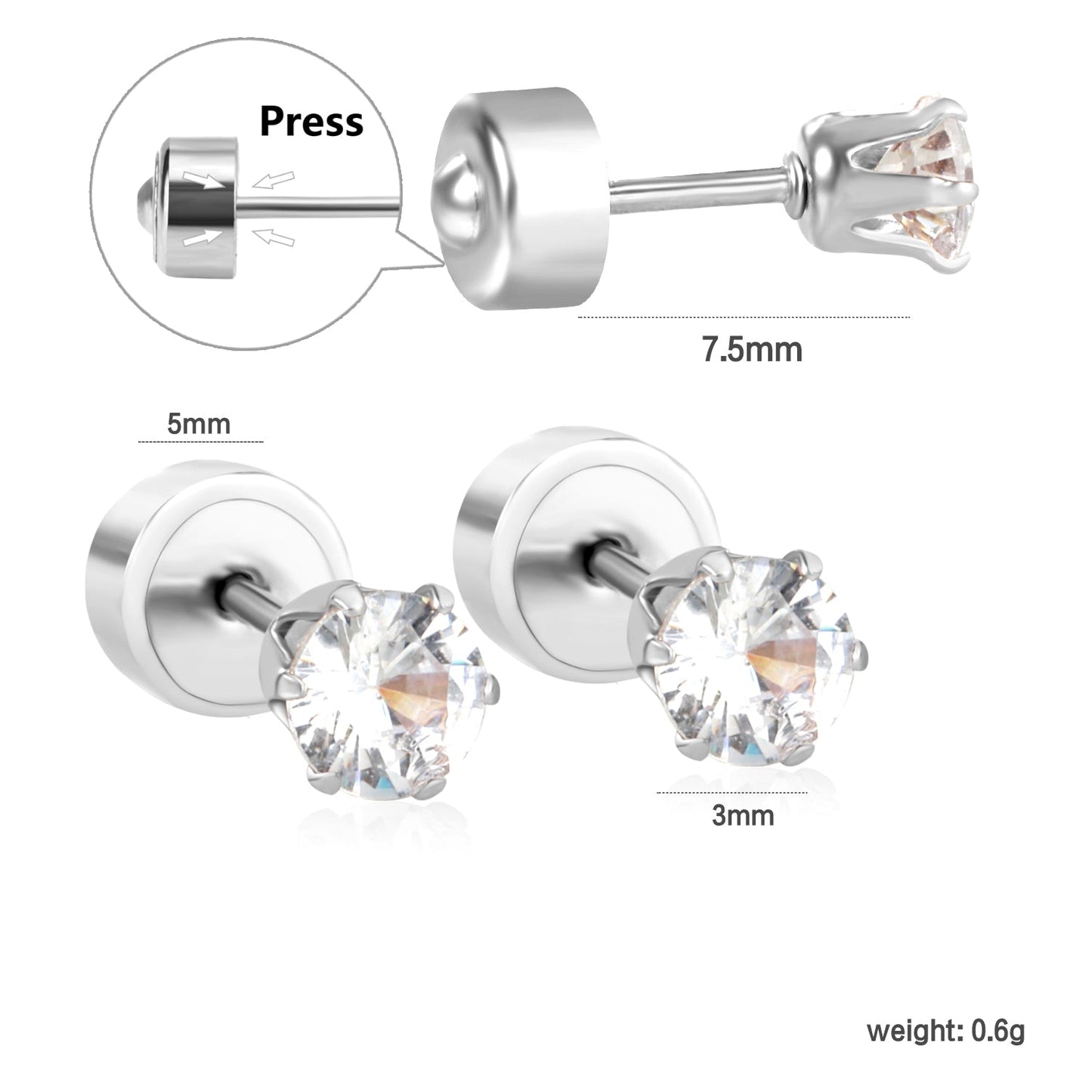 12 pair 3-5mm steel color/gold/rose gold pat plug earrings asonjewelry