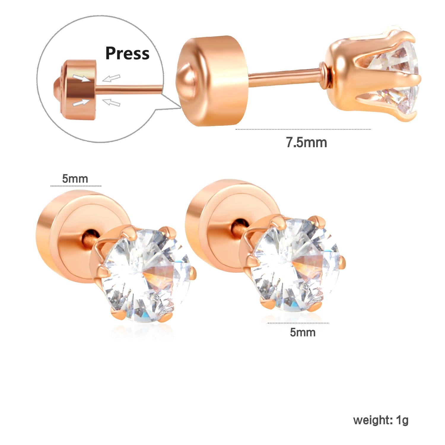 12 pair 3-5mm steel color/gold/rose gold pat plug earrings asonjewelry