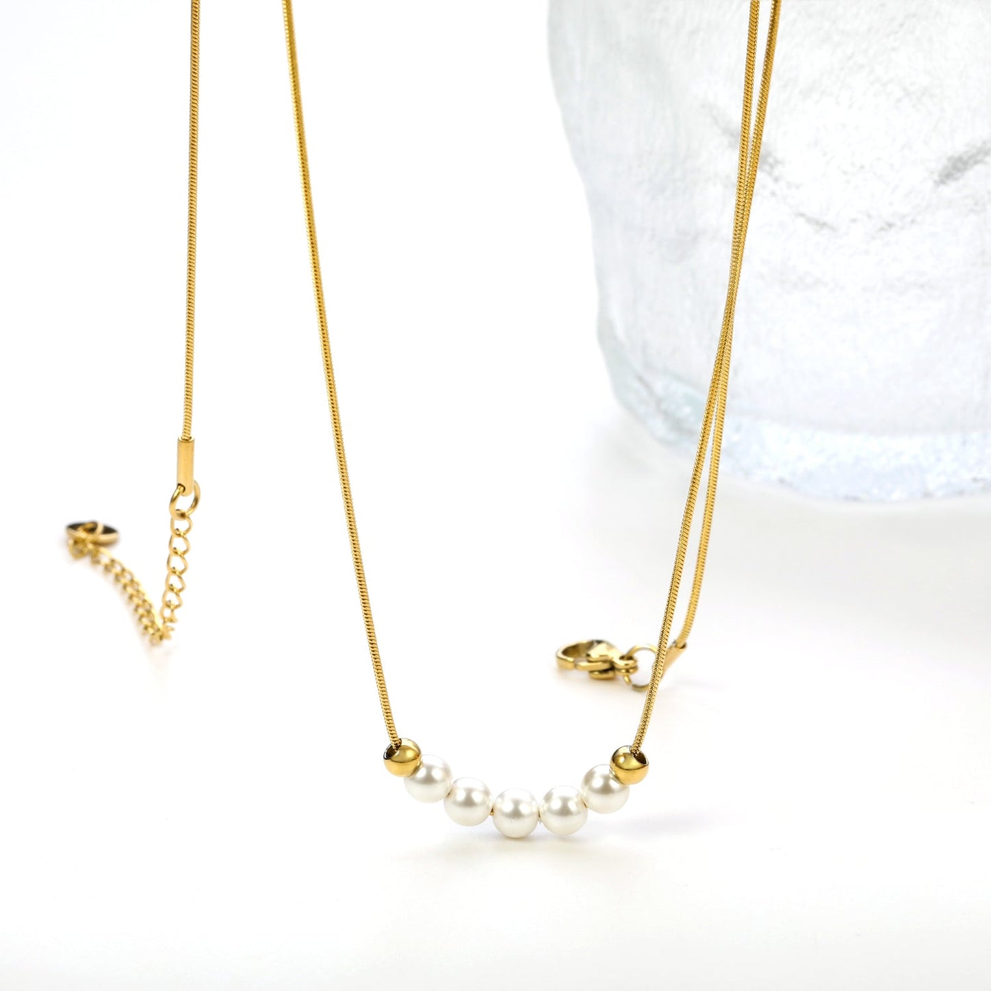 5 white pearls 4.9mm + 2 steel beads 3.9mm necklace 44+5cm asonjewelry