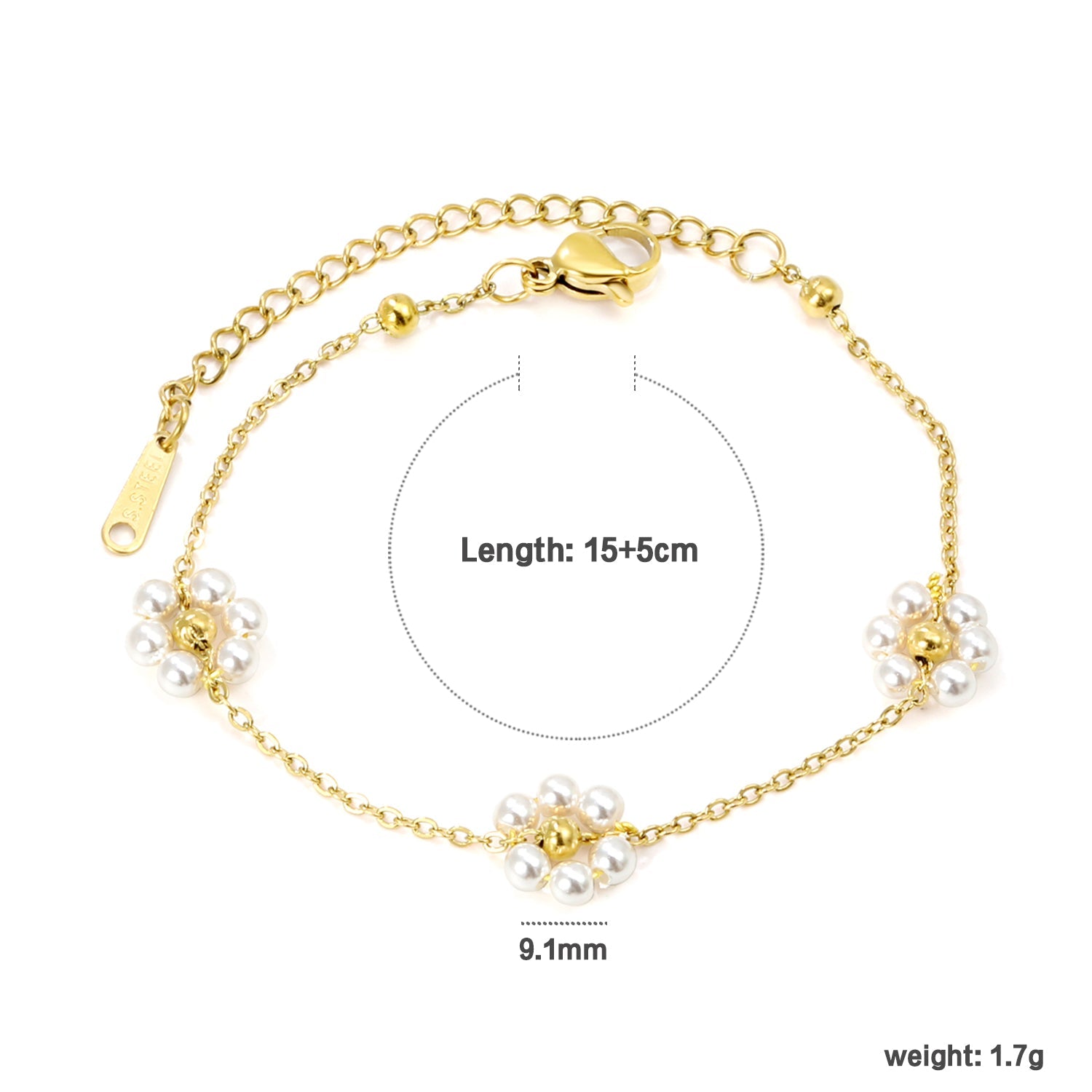 3mm*5 Steel Beads+3 White Pearls Flower Bracelet 15+5cm asonjewelry