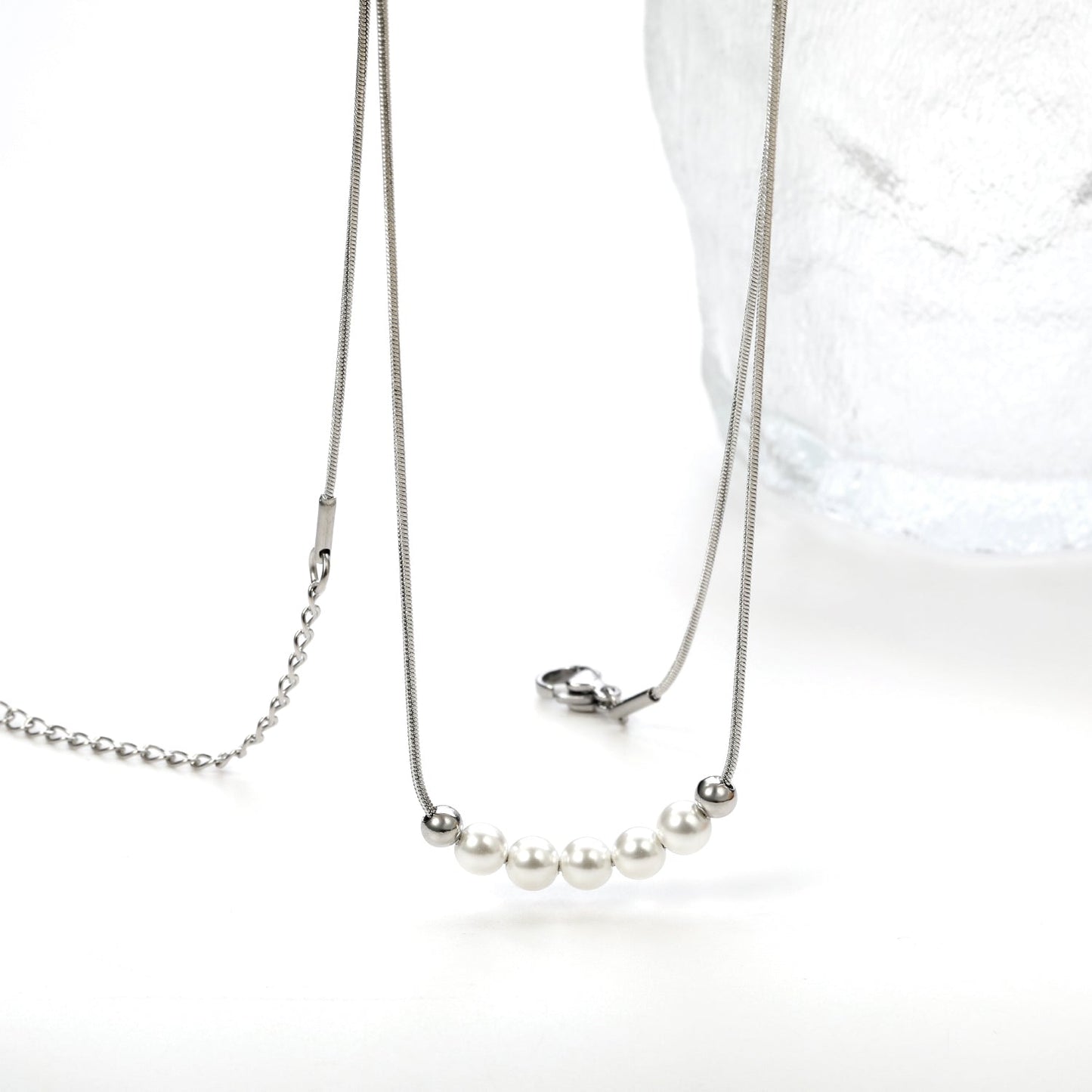 5 white pearls 4.9mm + 2 steel beads 3.9mm necklace 44+5cm asonjewelry