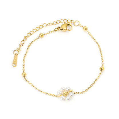 3mm*5 Steel Beads+1 Flower White Pearl Bracelet 16+5cm asonjewelry
