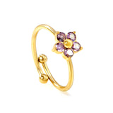 Gold - Plated Multi - Color Gemstone Flower - Shaped Open Rings