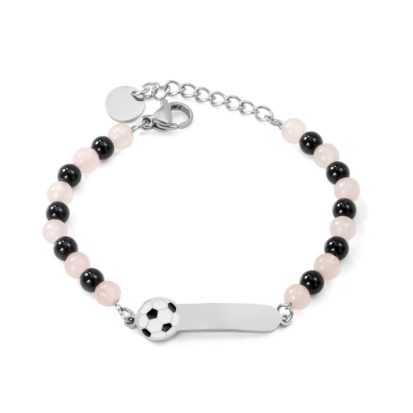 7.9*24.2mm long strip with soccer ball graphic + 4.6mm*12 pink beads + 4.3mm*10 black beads bracelet 13+3cm asonjewelry