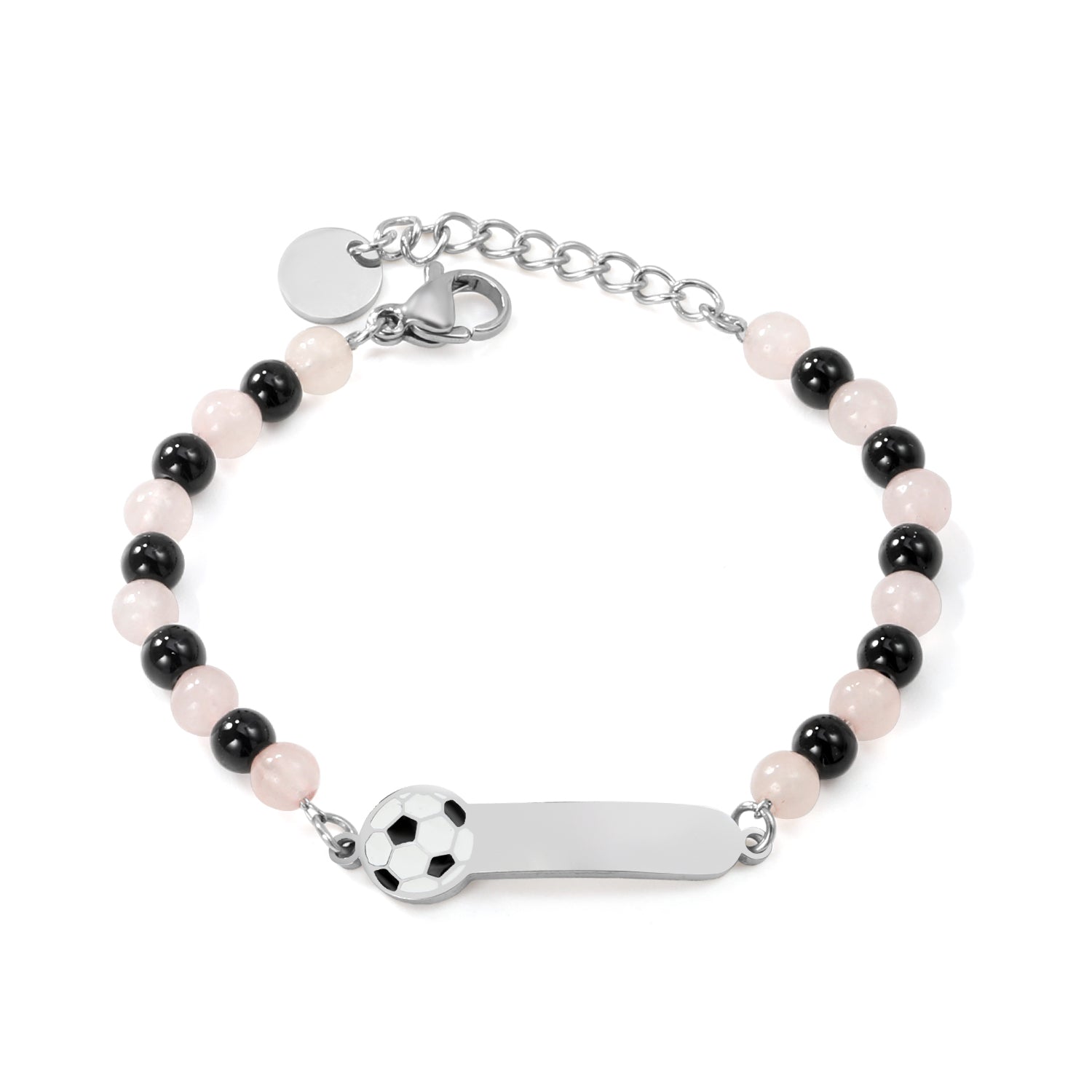 7.9*24.2mm long strip with soccer ball graphic + 4.6mm*12 pink beads + 4.3mm*10 black beads bracelet 13+3cm asonjewelry