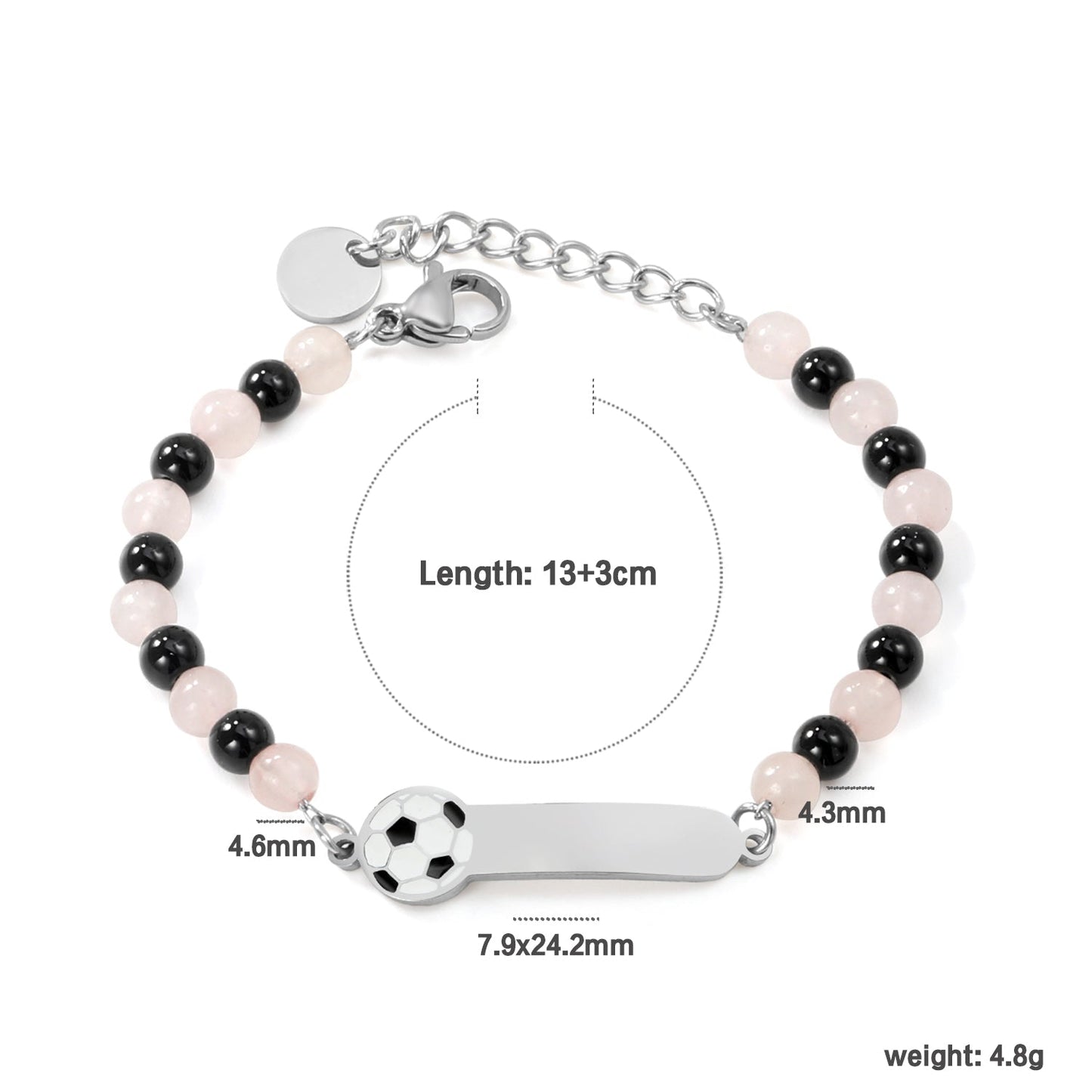 7.9*24.2mm long strip with soccer ball graphic + 4.6mm*12 pink beads + 4.3mm*10 black beads bracelet 13+3cm asonjewelry