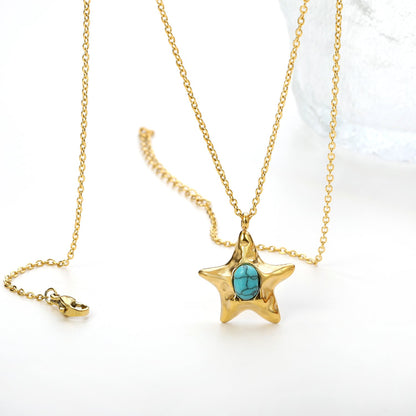 Starfish with oval blue turquoise pendant 21.2mm necklace 50+5cm asonjewelry