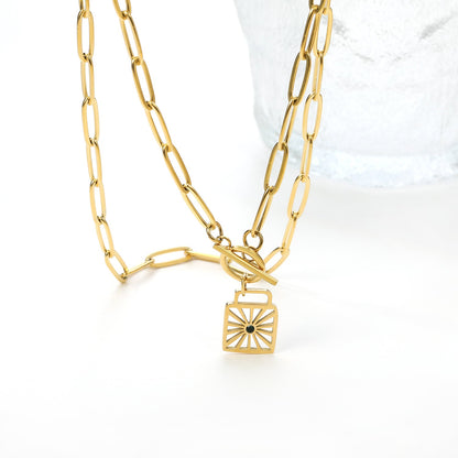 Square hollowed out pendant with green diamonds 15*28mm necklace 45cm asonjewelry