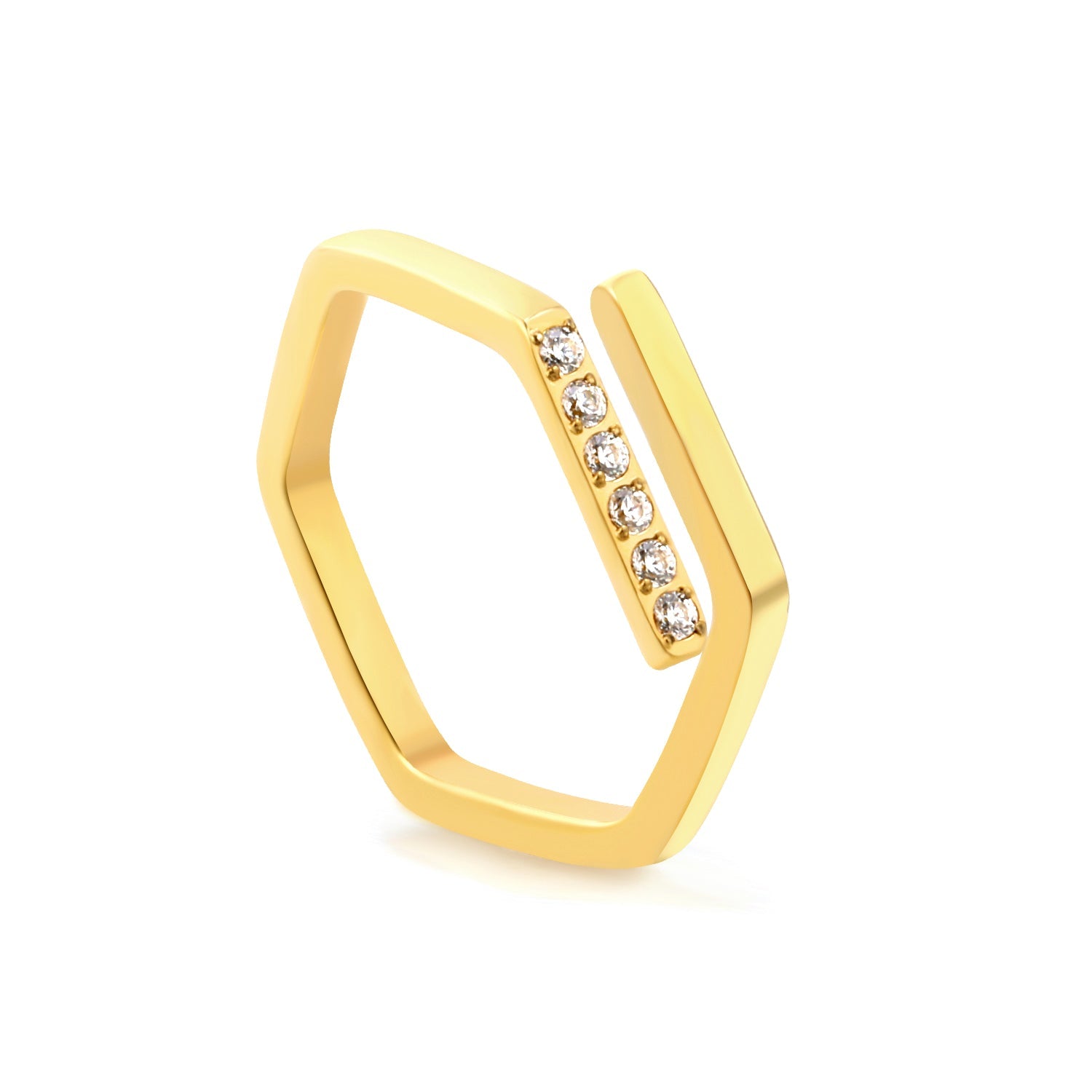 Hexagonal ring with white zirconia head, CNC set, height 5.7 mm, steel color / gold asonjewelry