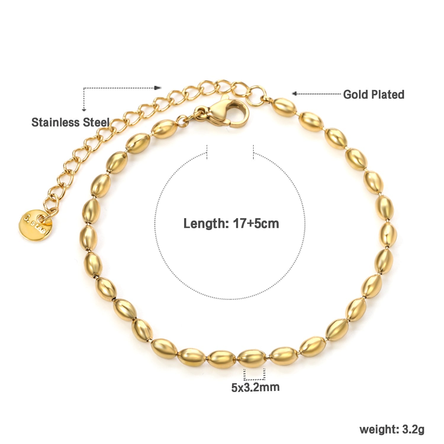 3.2*5mm Wheat Beads Bracelet 17+5cm asonjewelry