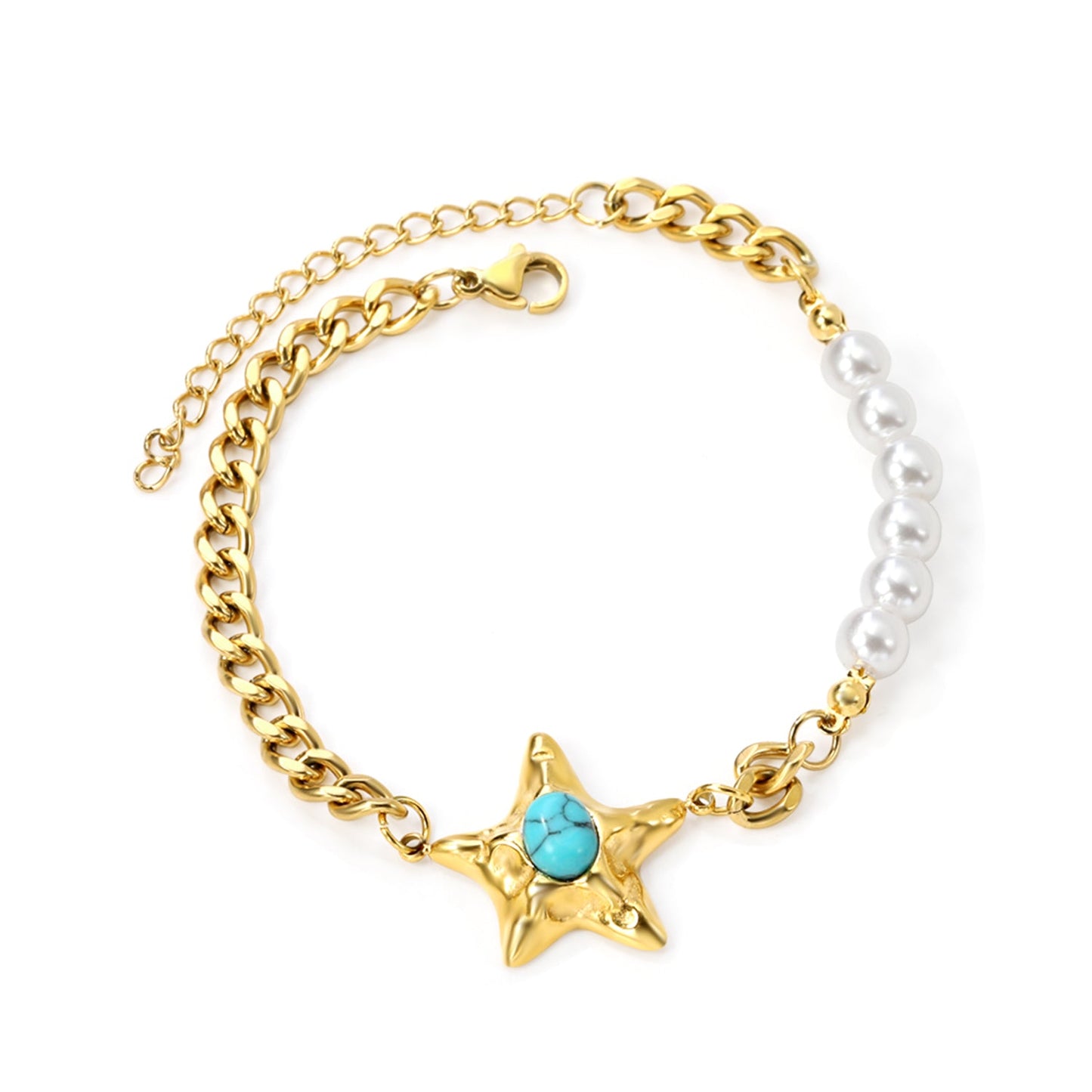 Starfish with Oval Blue Turquoise 21.7mm + 6 White Pearls 6mm Bracelet 18+5cm asonjewelry