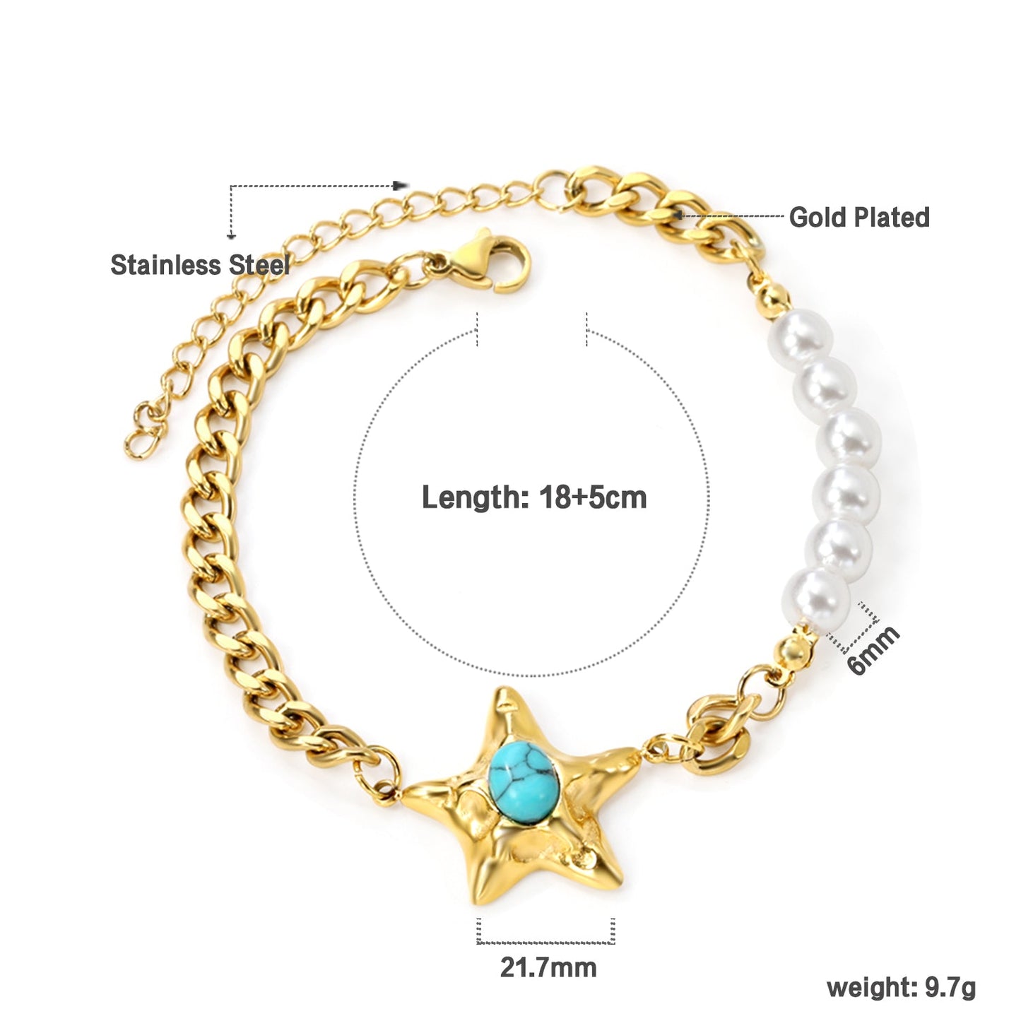 Starfish with Oval Blue Turquoise 21.7mm + 6 White Pearls 6mm Bracelet 18+5cm asonjewelry