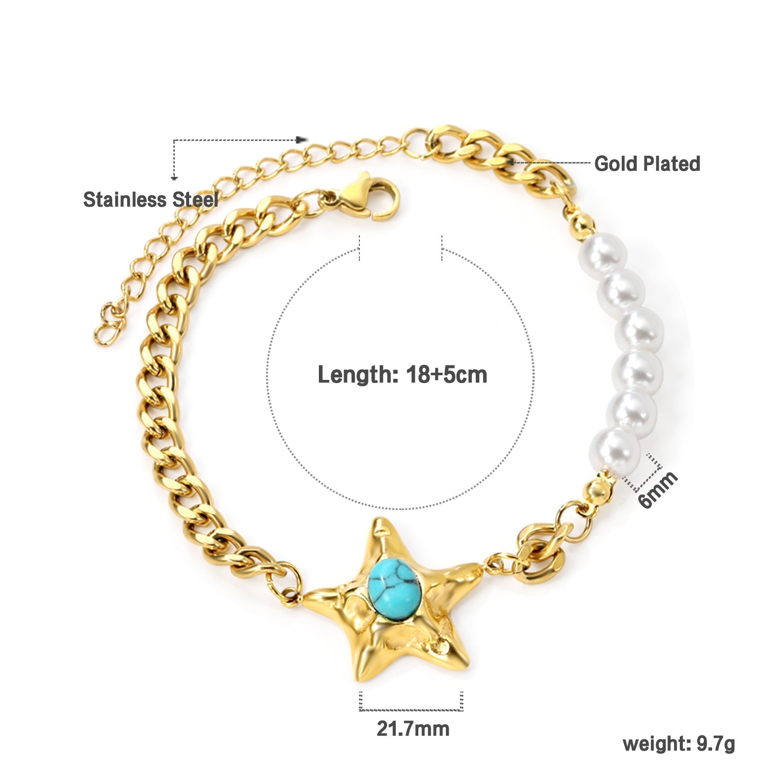 Starfish with Oval Blue Turquoise 21.7mm + 6 White Pearls 6mm Bracelet 18+5cm asonjewelry