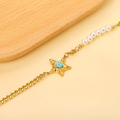 Starfish with Oval Blue Turquoise 21.7mm + 6 White Pearls 6mm Bracelet 18+5cm asonjewelry
