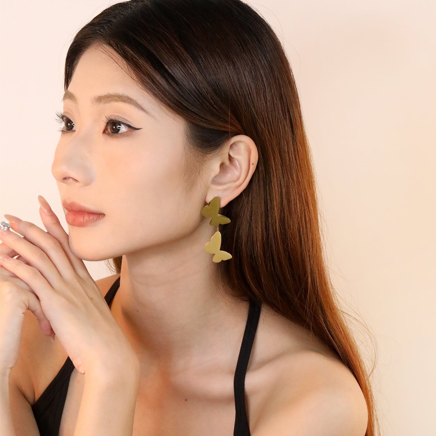 19.8*25mm Polished Swinging Tassel Butterfly Stud Earrings, Gold asonjewelry