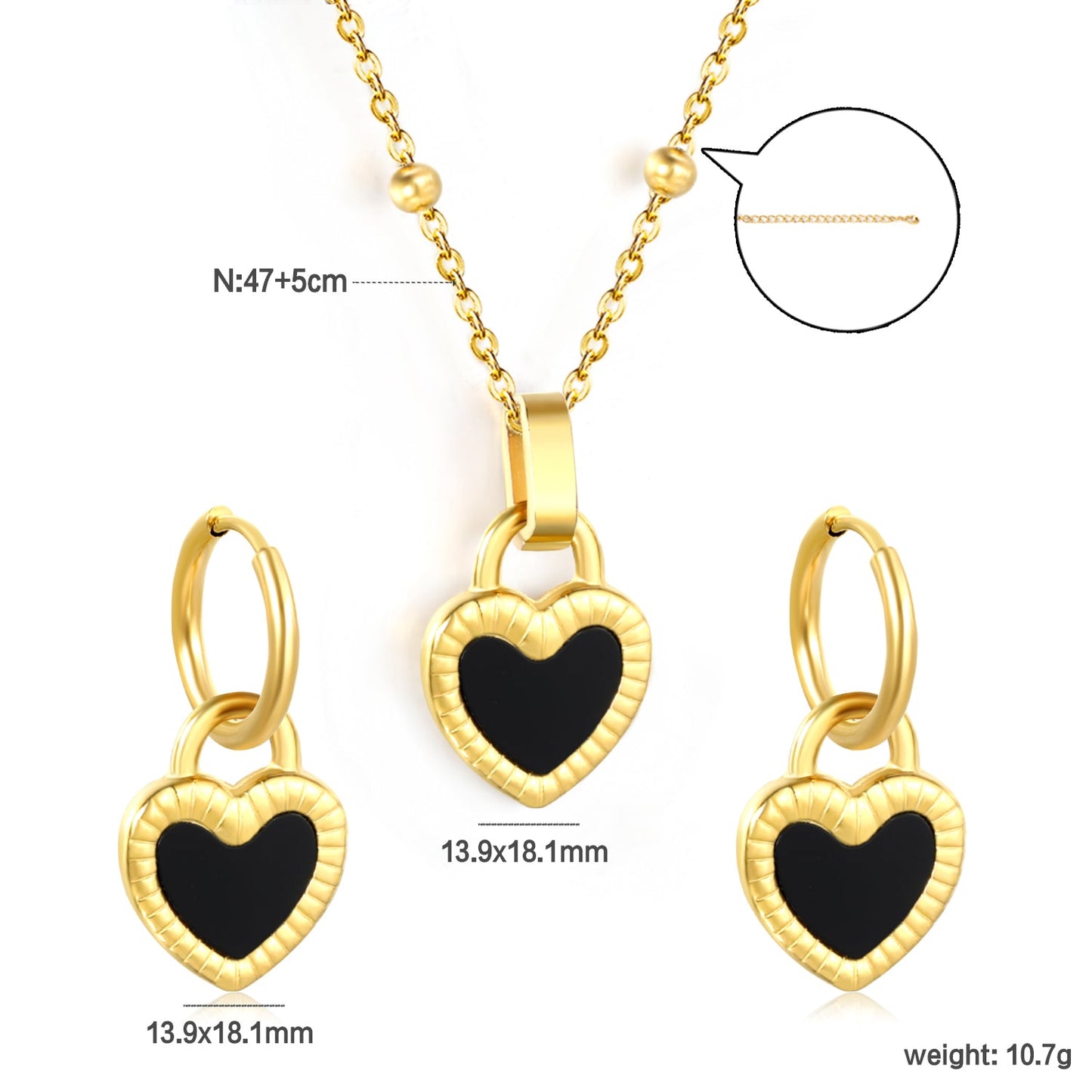 Reversible Black Shells Love Set Gold Earrings: 13.9*18.1mm Pendant: 13.9*18.1mm Clip Bead Chain 47+5cm+6mm Round Tail Plaque asonjewelry