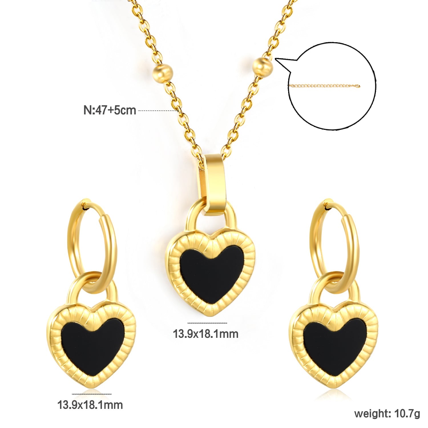 Reversible Black Shells Love Set Gold Earrings: 13.9*18.1mm Pendant: 13.9*18.1mm Clip Bead Chain 47+5cm+6mm Round Tail Plaque asonjewelry