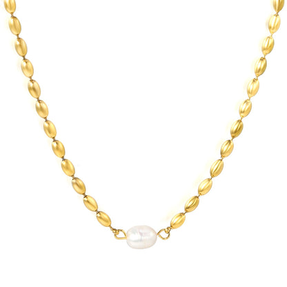 Wheat bead chain with 6.3*8mm*1 oval white pearl necklace 41+5cm asonjewelry