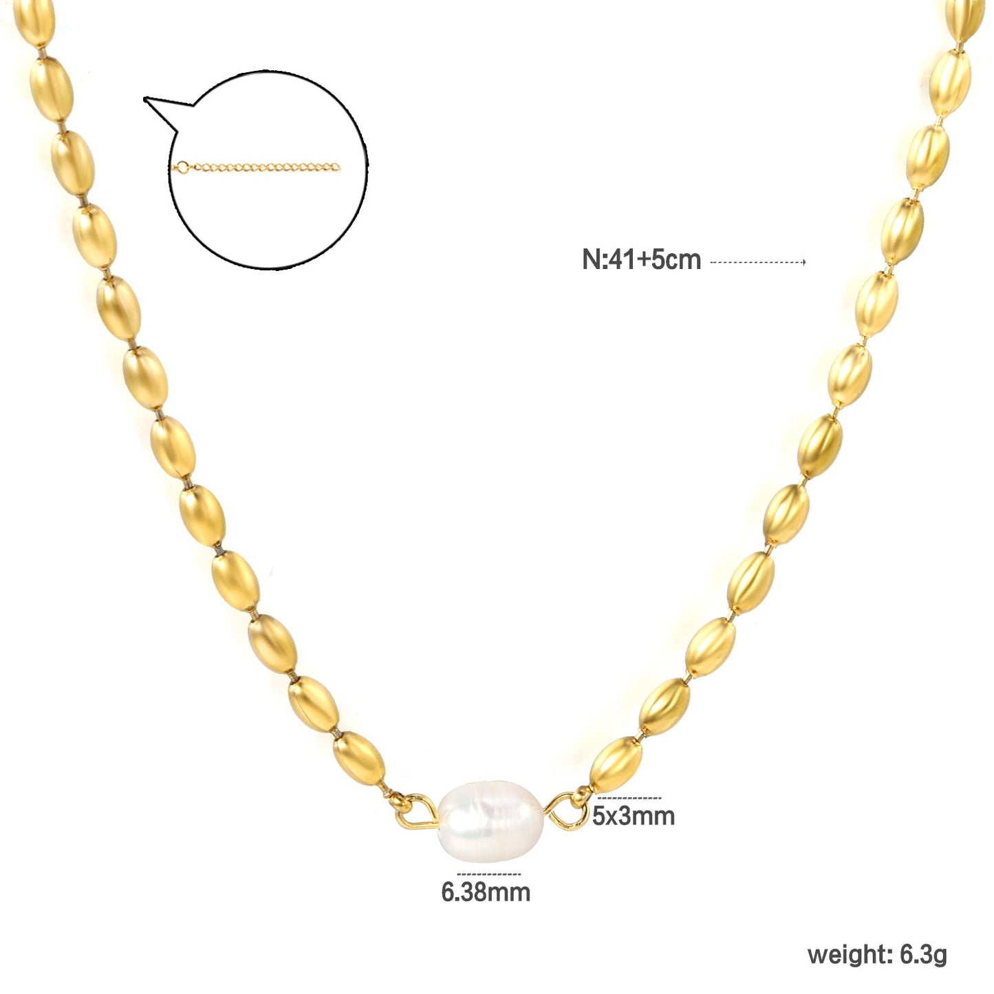 Wheat bead chain with 6.3*8mm*1 oval white pearl necklace 41+5cm asonjewelry