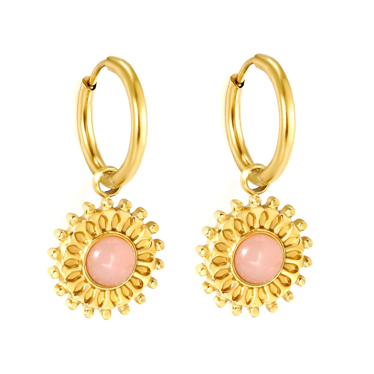 2*12mm I.D. earrings + 15.2mm round pattern face with imitation white pearl/pink crystal/tiger's eye stone fittings Gold color asonjewelry