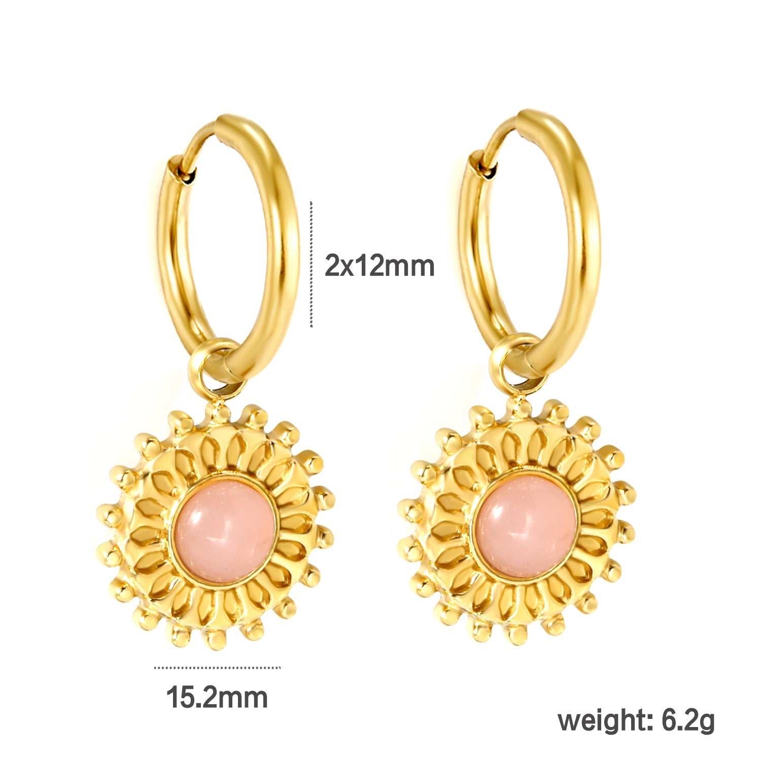 2*12mm I.D. earrings + 15.2mm round pattern face with imitation white pearl/pink crystal/tiger's eye stone fittings Gold color asonjewelry
