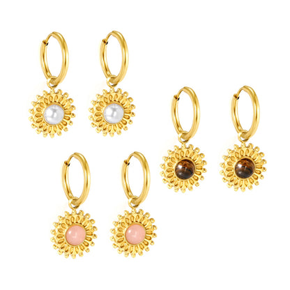 2*12mm I.D. earrings + 15.2mm round pattern face with imitation white pearl/pink crystal/tiger's eye stone fittings Gold color asonjewelry