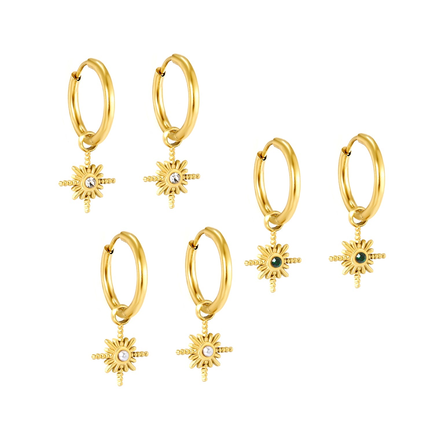 2*12mm I.D. earrings+11.2mm Polaris with white pearl/white/green zirconia earrings Gold color asonjewelry