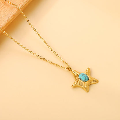 Starfish with oval blue turquoise pendant 21.2mm necklace 50+5cm asonjewelry