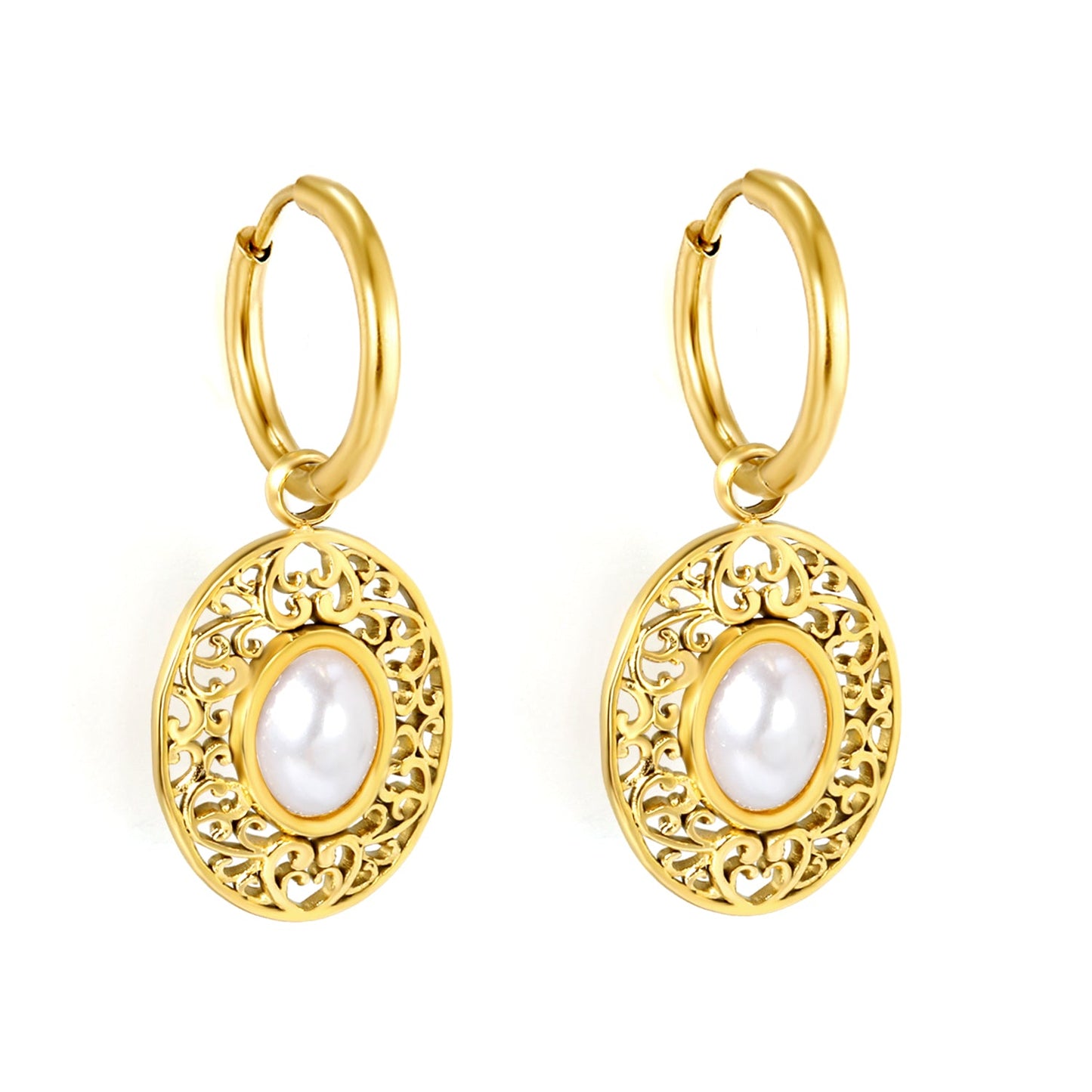 2*12mm I.D. earrings + 15.3*18.7mm oval pattern face band imitation white pearl/pinkstone/tiger's eye stone accessories Earrings Gold color asonjewelry