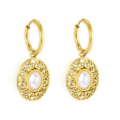 2*12mm I.D. earrings + 15.3*18.7mm oval pattern face band imitation white pearl/pinkstone/tiger's eye stone accessories Earrings Gold color asonjewelry