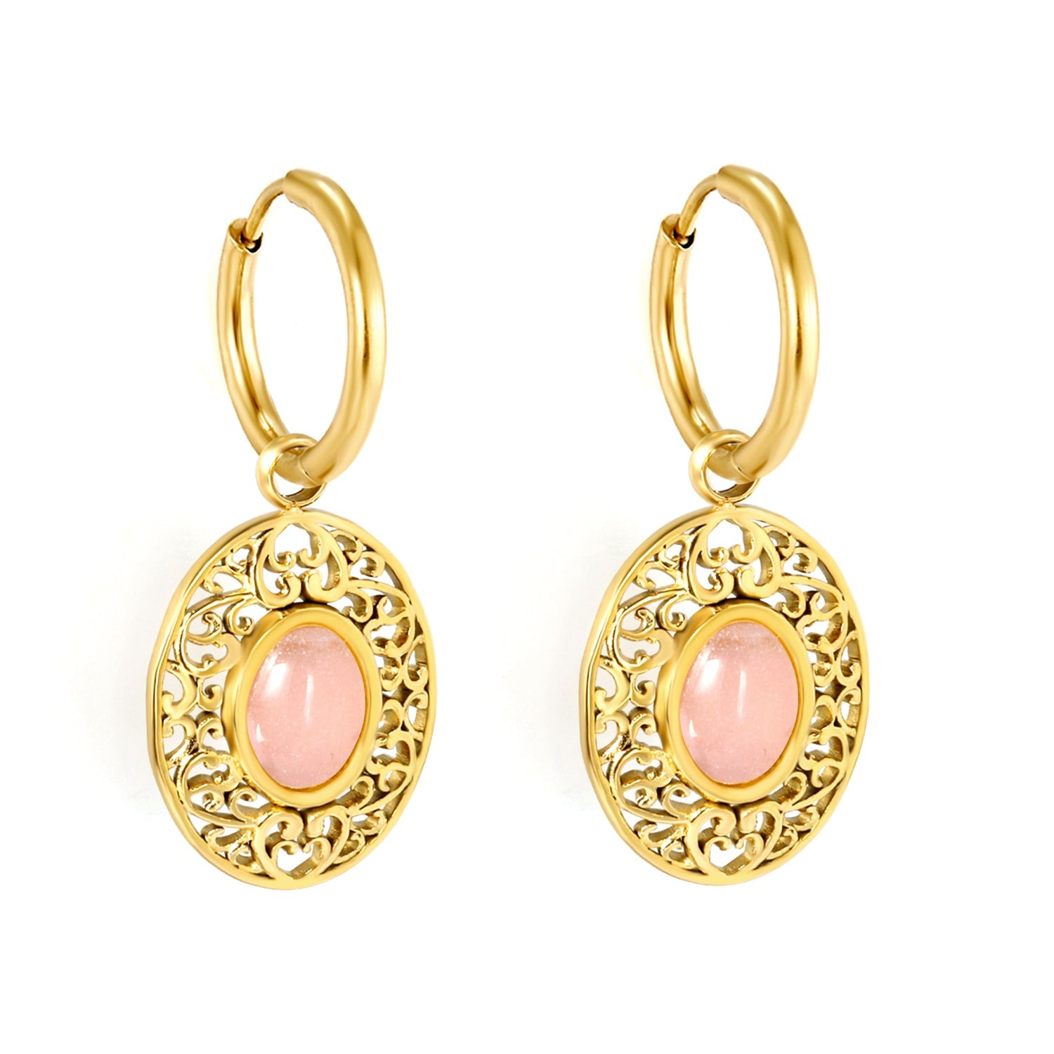 2*12mm I.D. earrings + 15.3*18.7mm oval pattern face band imitation white pearl/pinkstone/tiger's eye stone accessories Earrings Gold color asonjewelry