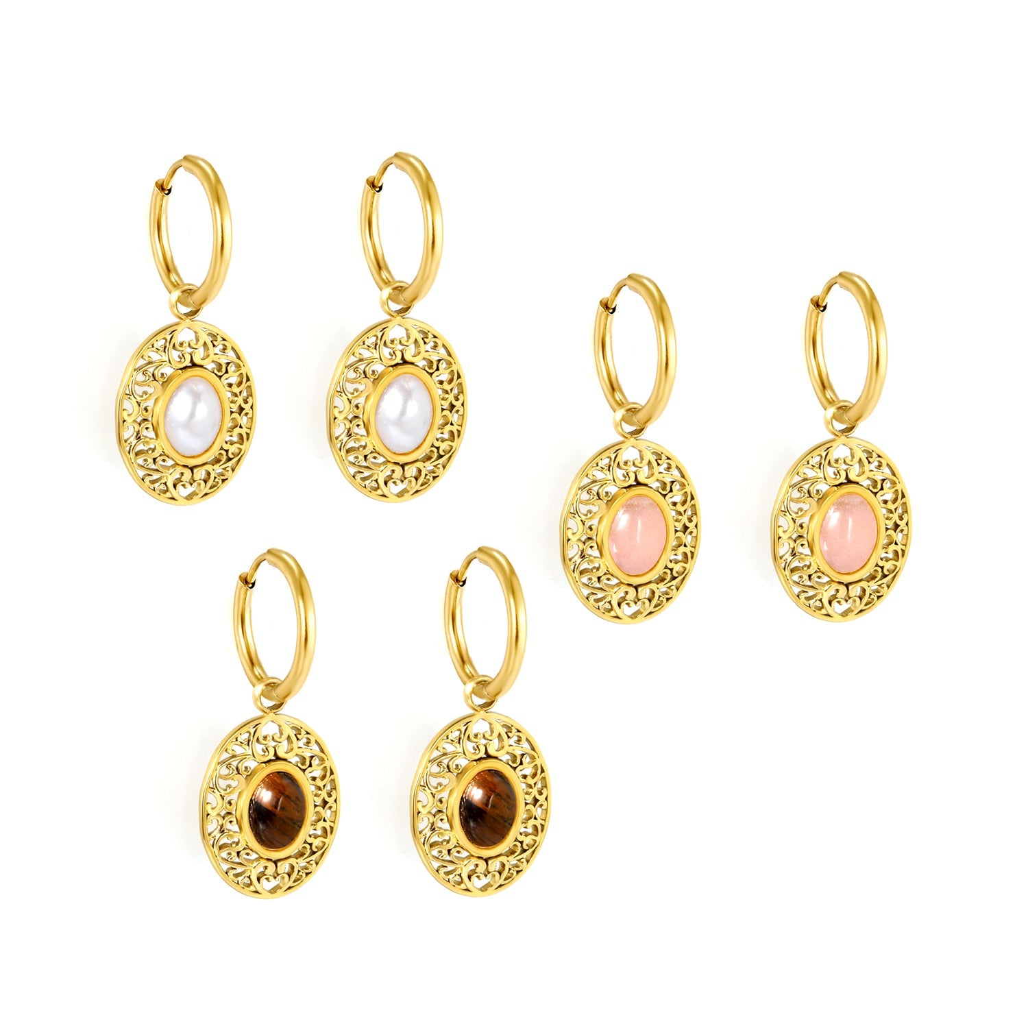 2*12mm I.D. earrings + 15.3*18.7mm oval pattern face band imitation white pearl/pinkstone/tiger's eye stone accessories Earrings Gold color asonjewelry