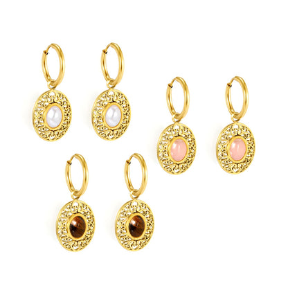 2*12mm I.D. earrings + 15.3*18.7mm oval pattern face band imitation white pearl/pinkstone/tiger's eye stone accessories Earrings Gold color asonjewelry