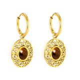 2*12mm I.D. earrings + 15.3*18.7mm oval pattern face band imitation white pearl/pinkstone/tiger's eye stone accessories Earrings Gold color